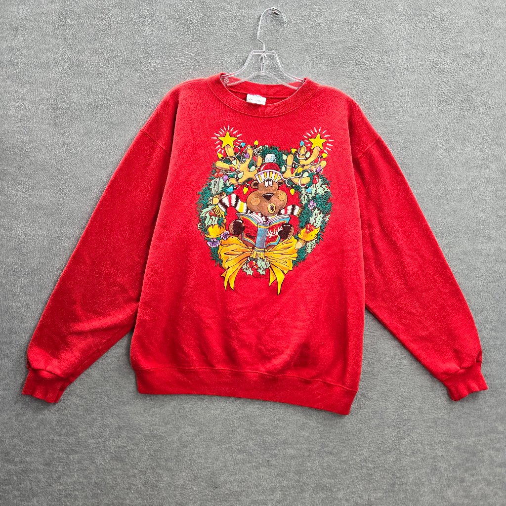 Vintage Holiday Rain Deer Women Sweatshirts Large Red Christmas Spectrum 80s Usa